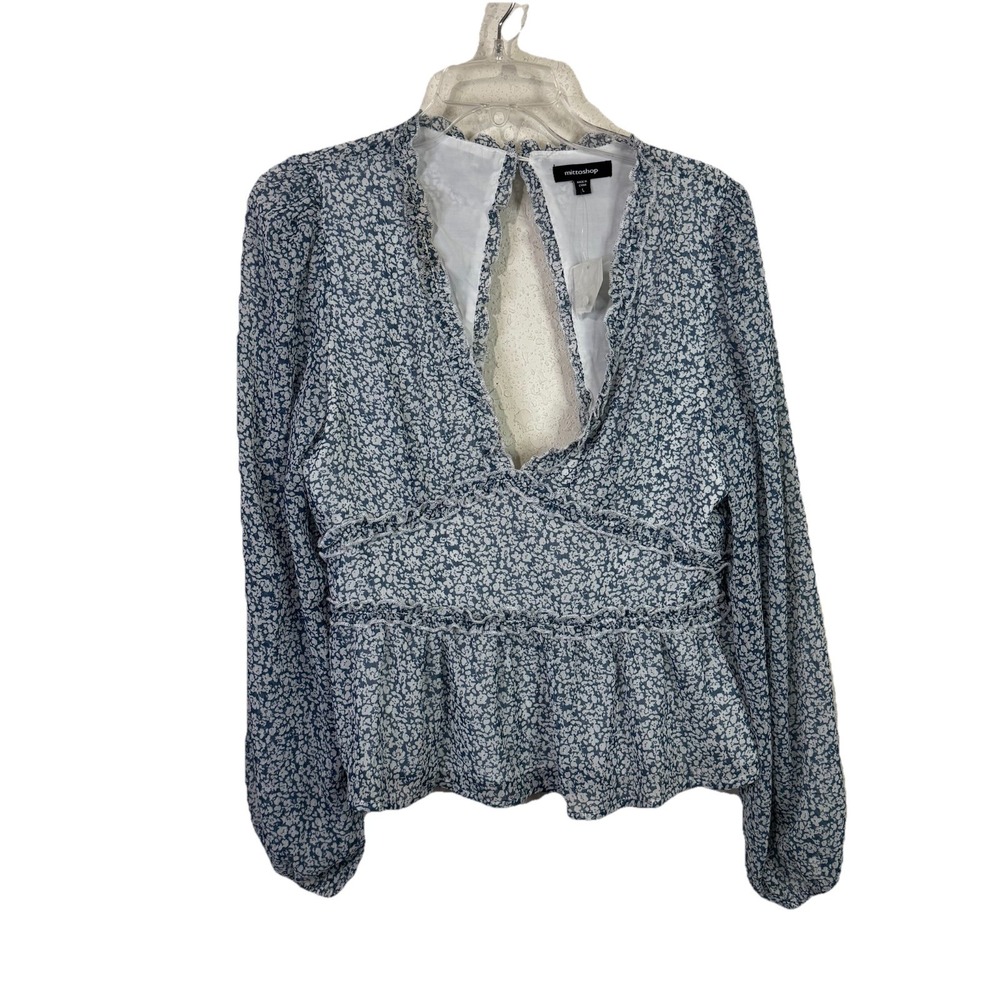 Mittoshop Blouse Women's L Top Sheer Sleeves White Blue Flowers Open  Back‎ Zip